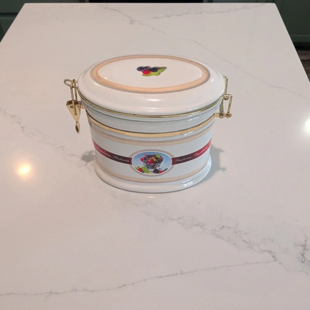 Knott's Berry Farm Goods Ceramic Canister with Brass Style Hinged Lid Vintage